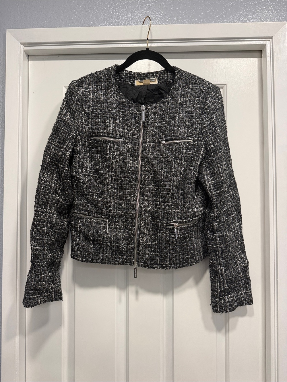 MICHAEL Michael Kors Black & White Tweed Zip-Front Jacket